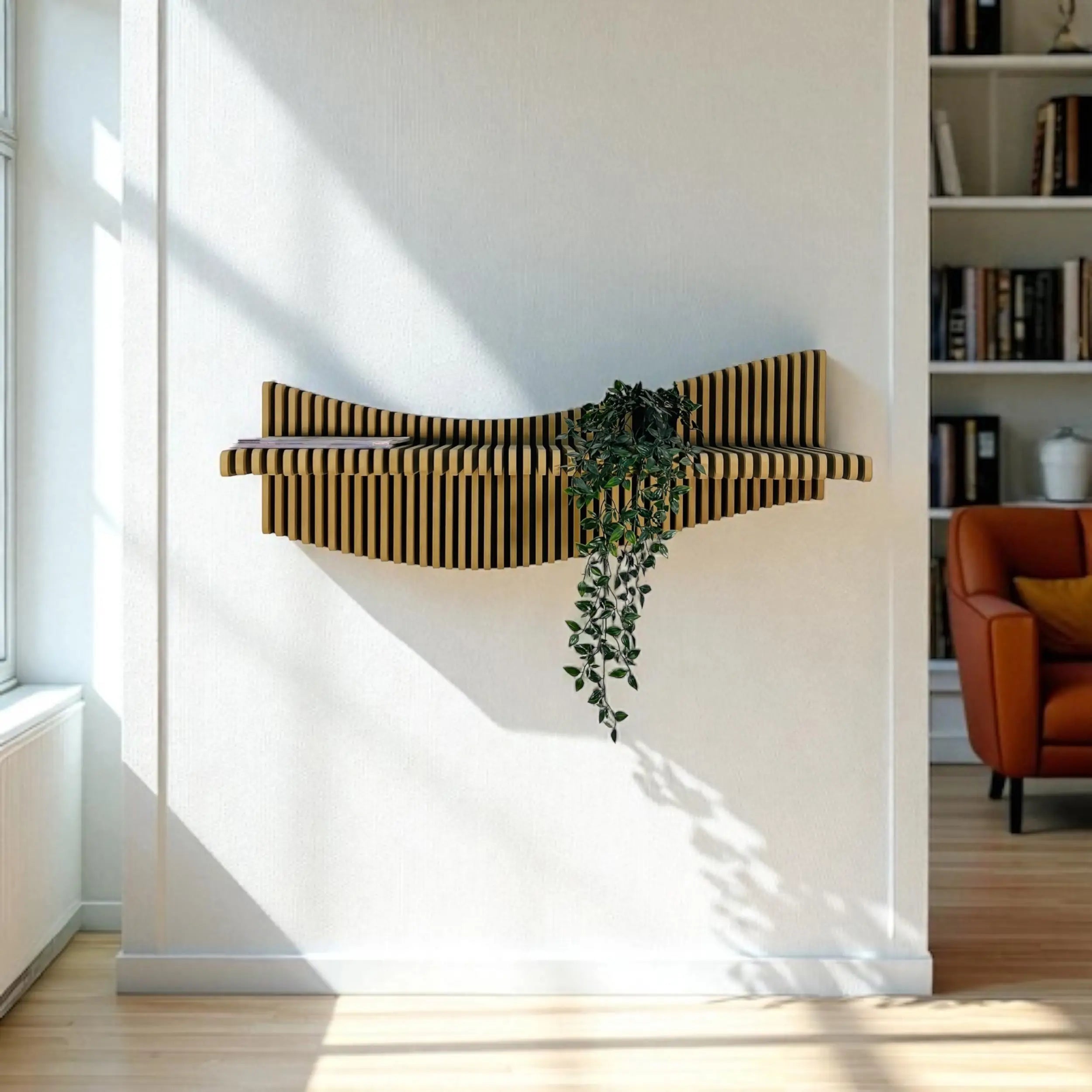 Modern living room with a striped wall shelf and a plant, featuring a bookshelf and a sofa.
